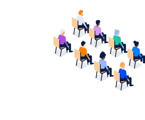 Illustrated people sitting on chairs in two rows.