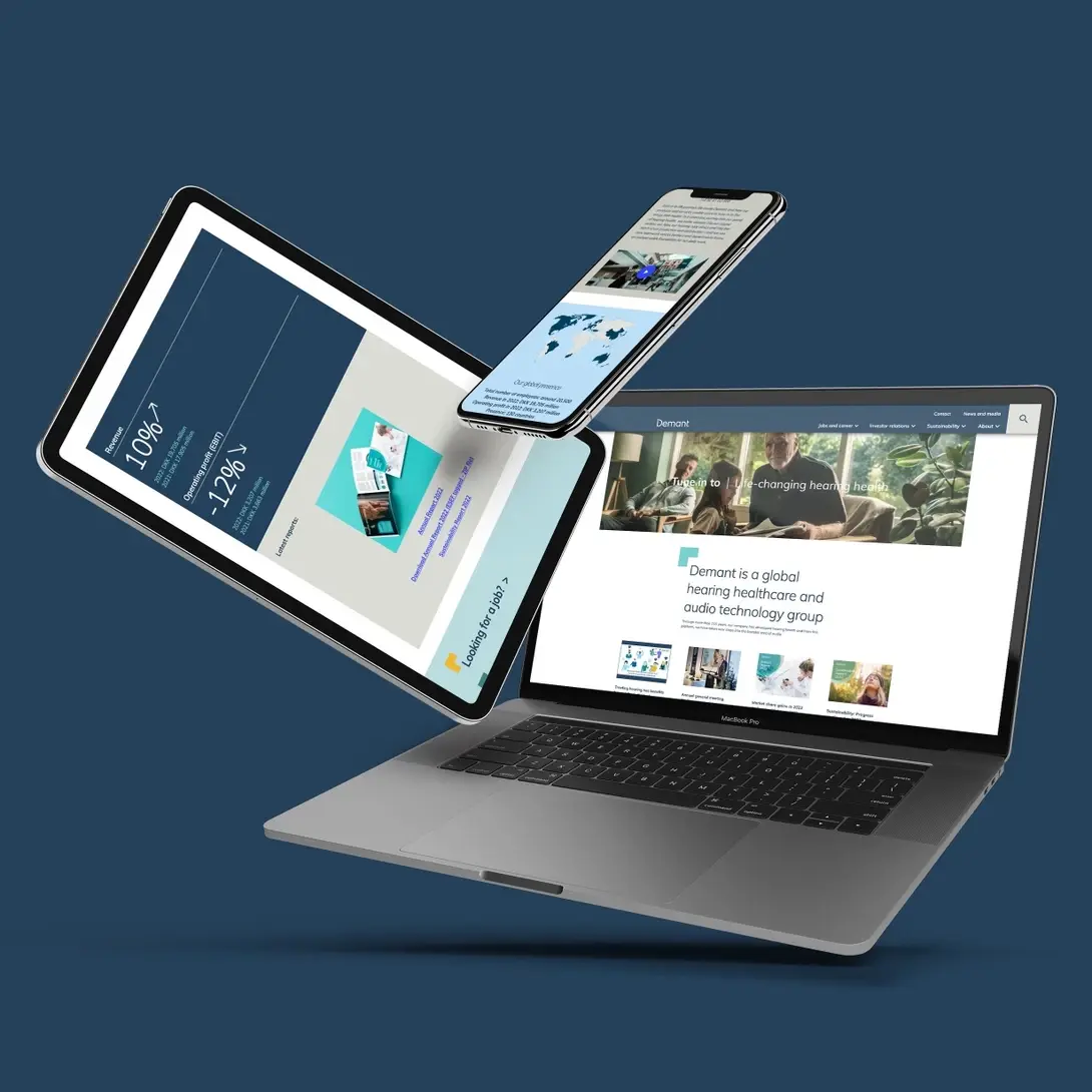 a mobile, tablet and desktop with demant details in the browser.