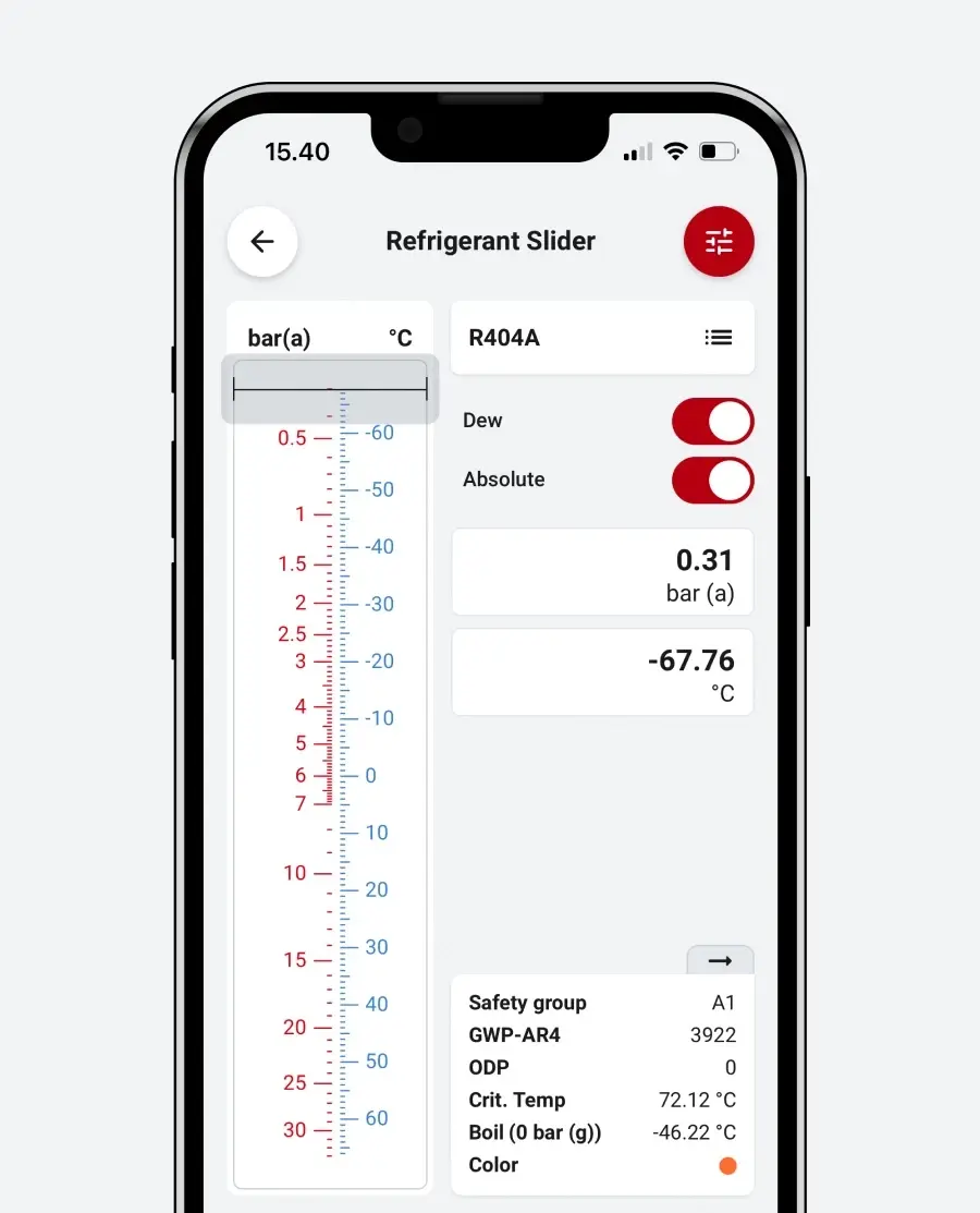 Smartphone screen displaying a refrigerant slider app for R404A, showing pressure, temperature, and safety data, with various settings and data toggled on. Smartphone screen displaying a refrigerant slider app for R404A, showing pressure, temperature, and safety data, with various settings and data toggled on.