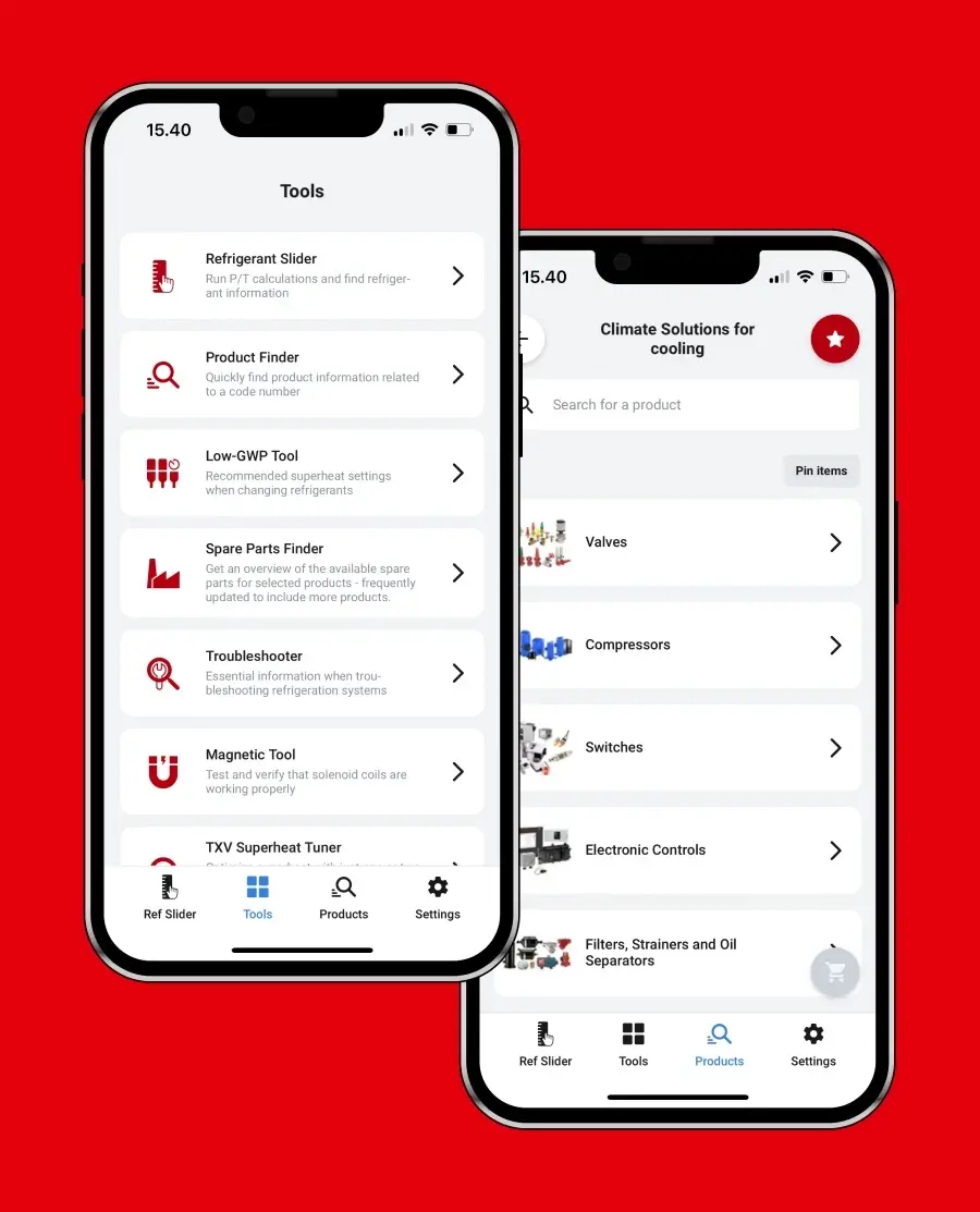Two smartphones display a tools and product finder app interface against a red background. The screens show menus for refrigeration tools and climate solution products. Two smartphones display a tools and product finder app interface against a red background. The screens show menus for refrigeration tools and climate solution products.