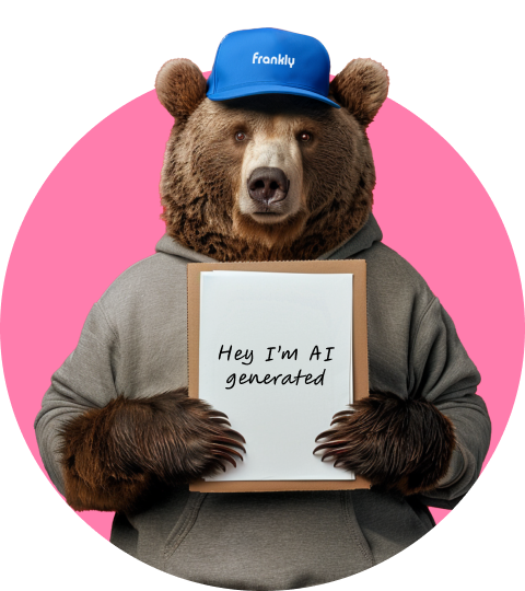 A photorealistic bear wearing clothes, holding a paper saying 'Hey I am AI generated'