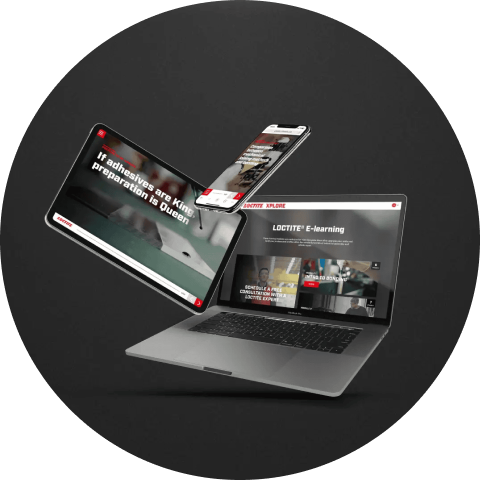 Screenshots of the Henkel E-learning platform on a phone, tablet, and laptop