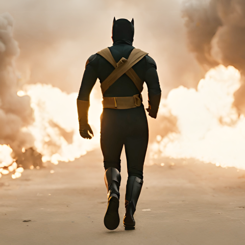 Dramatic shot of a superhero walking into danger