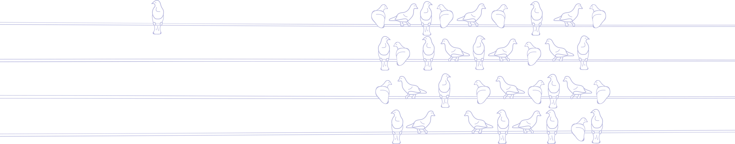 Illustration of birds on a wire. One is off to the side by itself, several others are grouped together on the other side.