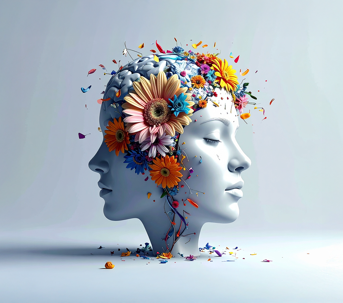 Surreal artwork of two fused faces with flowers and a brain emerging from the head, symbolizing creativity and thought.